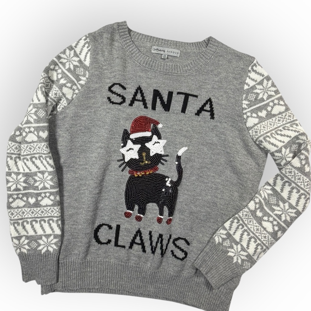 Absolutely Famous Santa‎ Claws Gray Knit Sweater 1X Sequins Bells Ugly